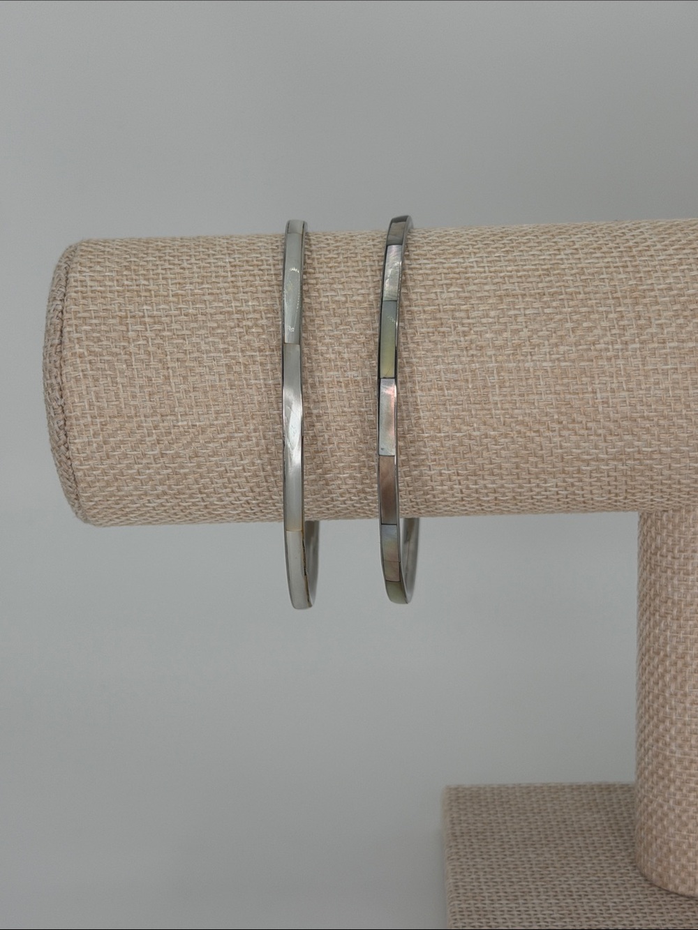 Delicate Silver with Iridescent Inlays Bangle Set - Modern Stackable Bracelets